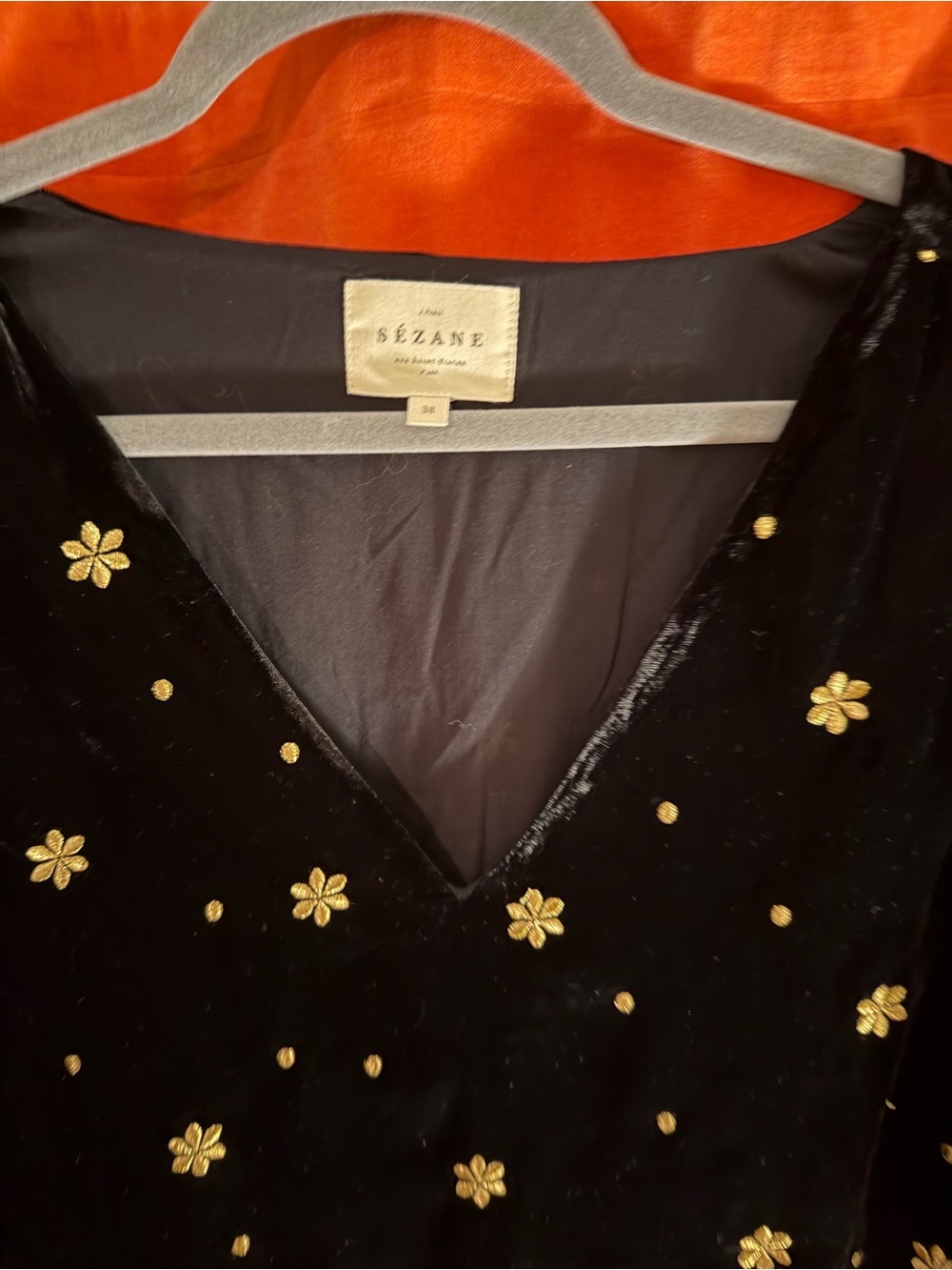 Sezane Black Velvet V-Neck blouse with Gold Embroidery